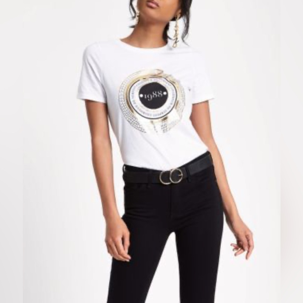 River Island‎ 1988 Tee Shirt Women's Medium Gold Snake 100% Cotton Serpent